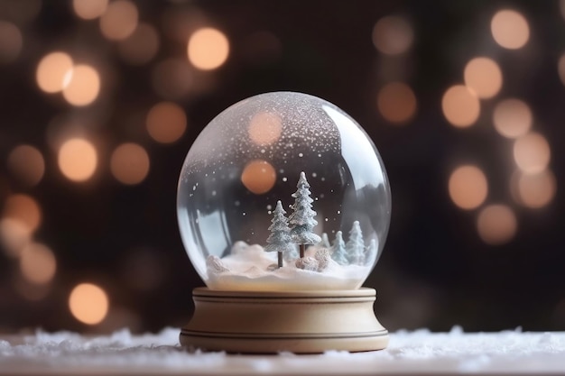 Snowglobe de conte de fées avec paysage d'hiver à l'intérieur et arrière-plan bokeh flou ai génératif