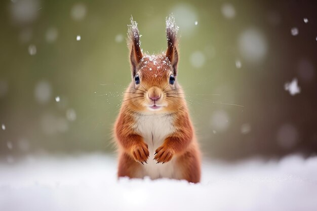 Snowy Playtime Écureuil roux mignon gambadant