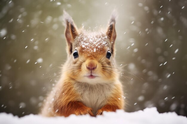 Photo snowy playtime écureuil roux mignon gambadant