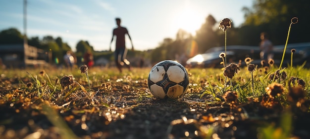 Soccer Spirit Un marcheur frappant un ballon de football sur un terrain herbeux dans le style du jeu