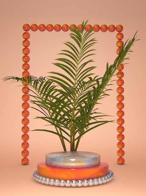 Socle 3D, affichage avec des feuilles de palmier. Podium d'étape gris et orange, fond exotique d'été. Style tropical tendance abstrait naturel. Rendu 3D