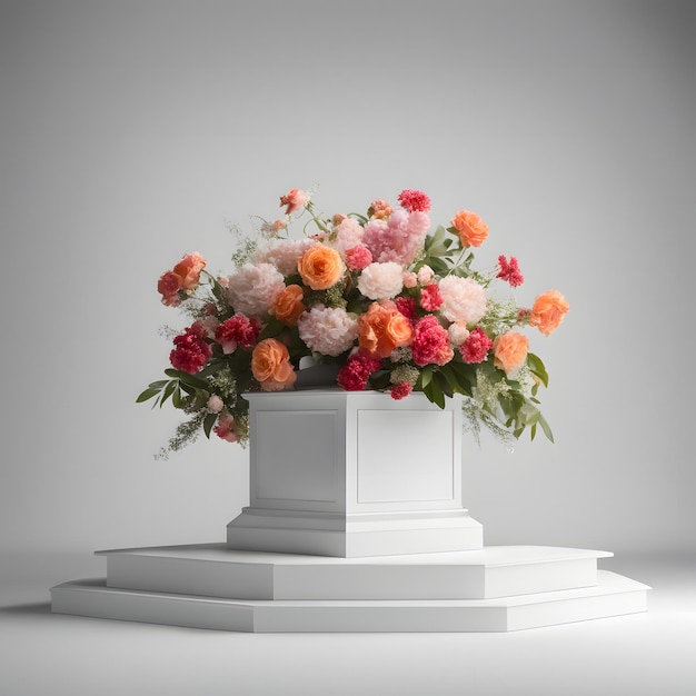 Socle blanc avec un bouquet de fleurs sur fond gris