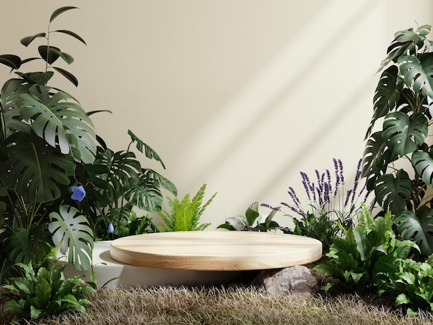 Socle en bois circulaire dans la forêt tropicale pour la présentation du produit et fond de couleur crème