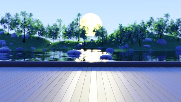 Photo socle en bois avec lac et forêt paysage arrière-plan flou rendu 3d