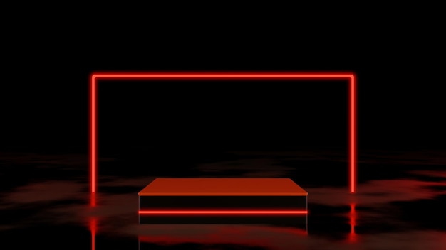socle noir scène sombre sur sol humide avec rouge néon brillant, podium de bloc pour l'affichage du produit