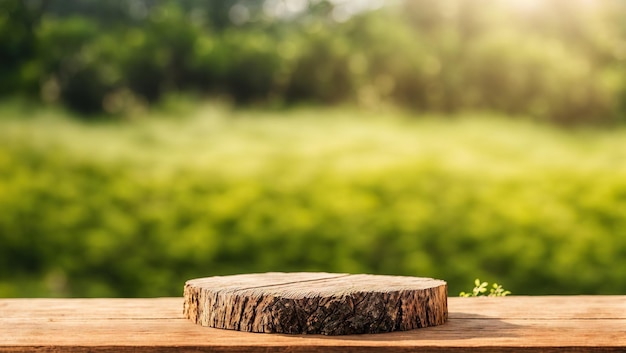 Socle de podium en bois sur fond vert flou AI générative