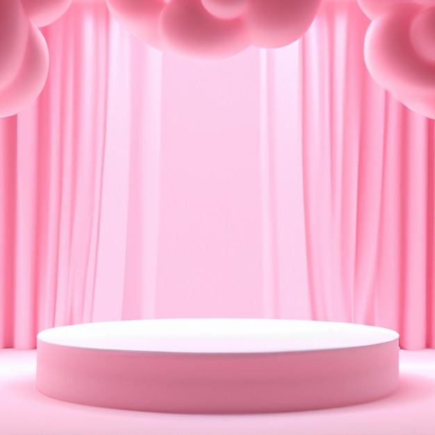 Socle de podium pastel blanc rose 3d avec satin rose et nuage créé avec la technologie générative ai.