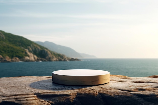 socle rocheux en pierre de montagne ou podium devant le fond de l'océan de la mer