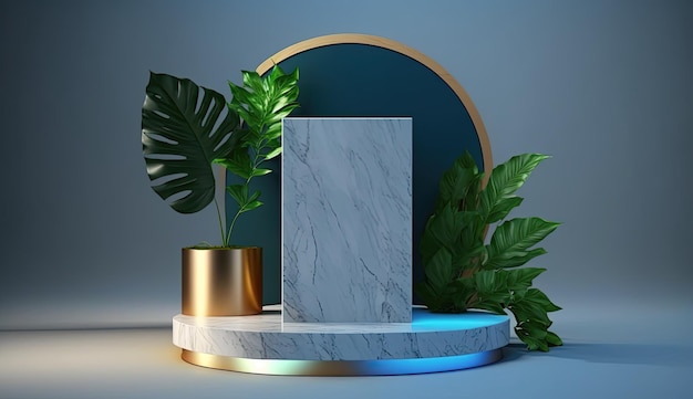 Un socle rond avec un anneau bleu et un anneau doré avec une plante au milieu.