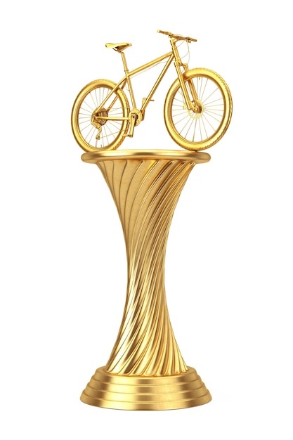 Socle de trophée de récompense de vélo de montagne d'or sur un fond blanc. Rendu 3D