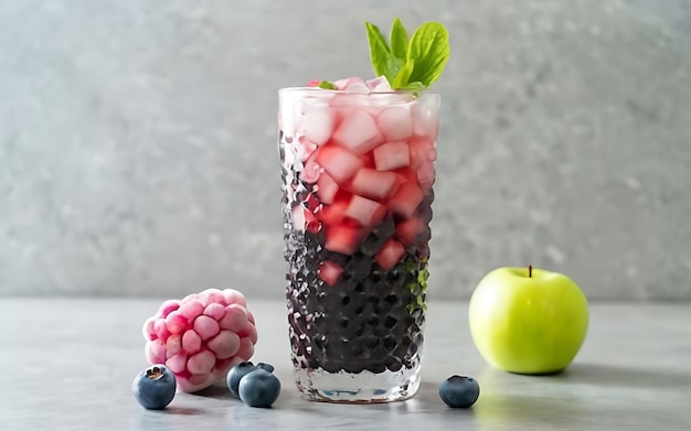 Soda à la pomme verte, aux bleuets et au litchi sur la table