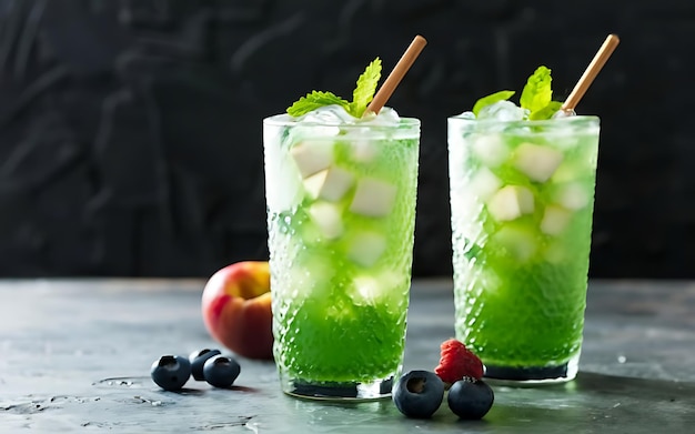 Soda à la pomme verte, aux bleuets et au litchi sur la table