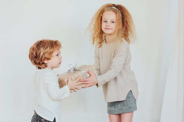 Une soeur offre un cadeau à son jeune frère