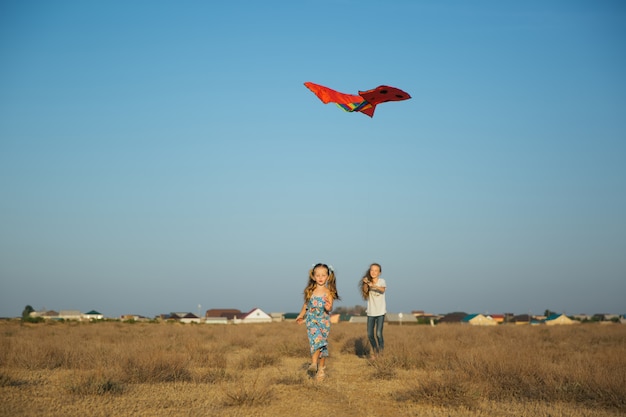 Sœurs courir et jouer avec le cerf-volant sur le terrain