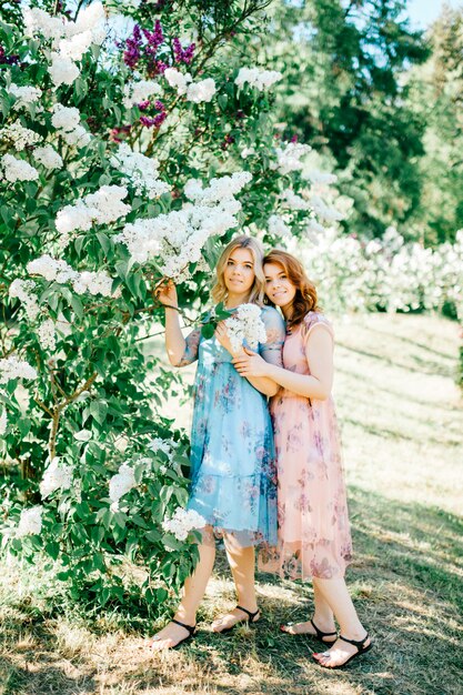 Sœurs jumelles émotionnelles et gaies dans de belles robes posant ensemble dans le parc ensoleillé d'été.