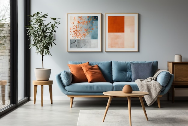 Sofa bleu dans un salon avec deux peintures sur le mur