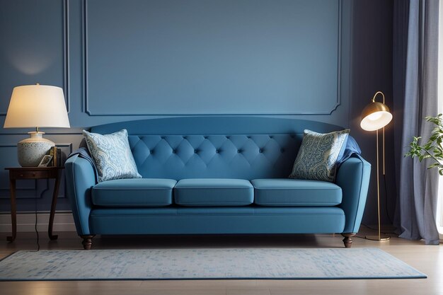 Sofa bleu et lampe dans le salon