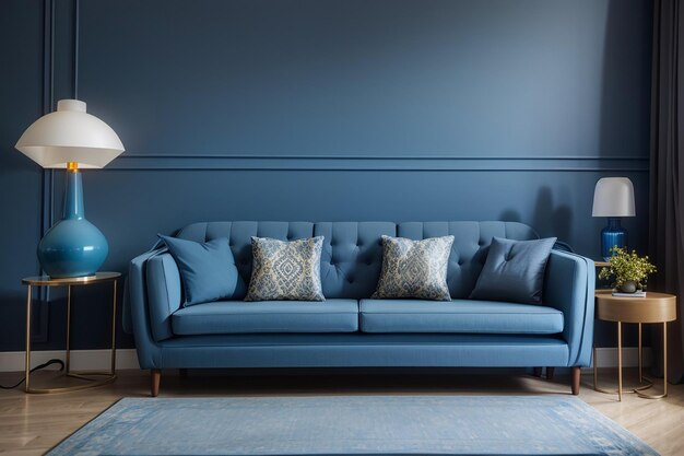 Sofa bleu et lampe dans le salon