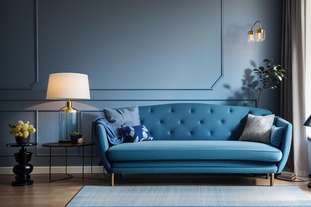 Sofa bleu et lampe dans le salon