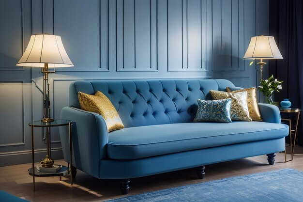 Sofa bleu et lampe dans le salon