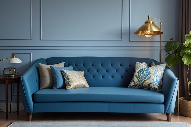 Sofa bleu et lampe dans le salon