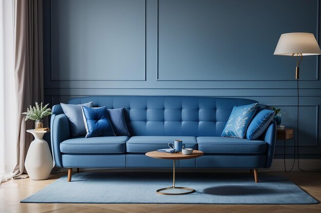 Sofa bleu et lampe dans le salon