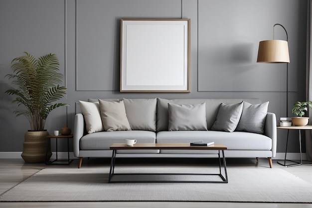 Sofa dans l'intérieur du salon gris avec maquette de cadre