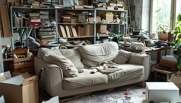 Sofa avec étagères et tiroirs dans une salle à manger en désordre