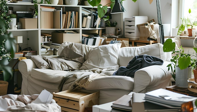 Sofa avec étagères et tiroirs dans une salle à manger en désordre