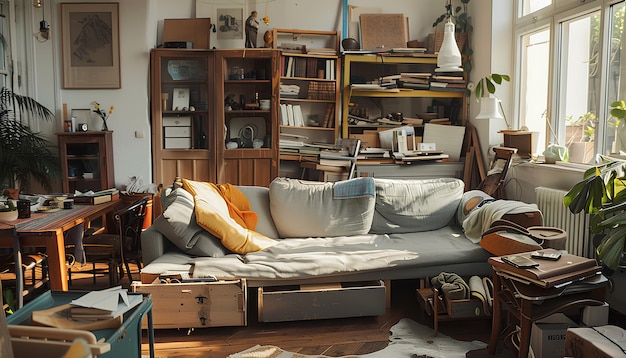 Sofa avec étagères et tiroirs dans une salle à manger en désordre