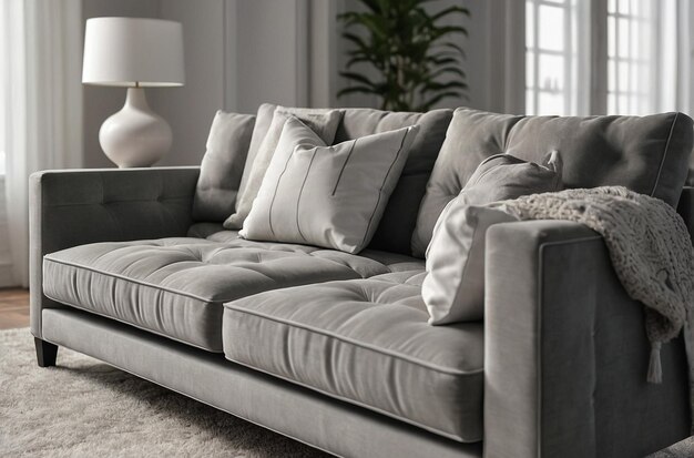 Sofa gris dans l'intérieur du salon blanc avec espace de copie rendu 3D