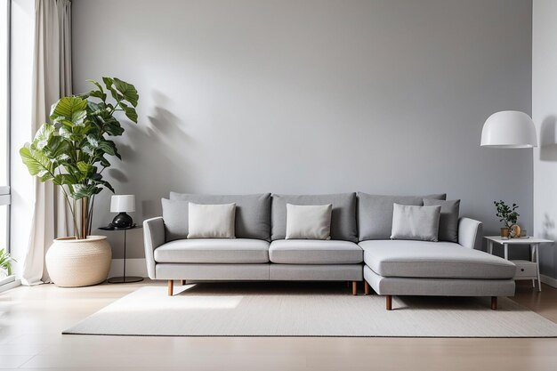 Sofa gris dans l'intérieur du salon blanc avec espace libre