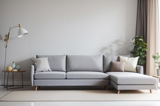 Sofa gris dans l'intérieur du salon blanc avec espace libre