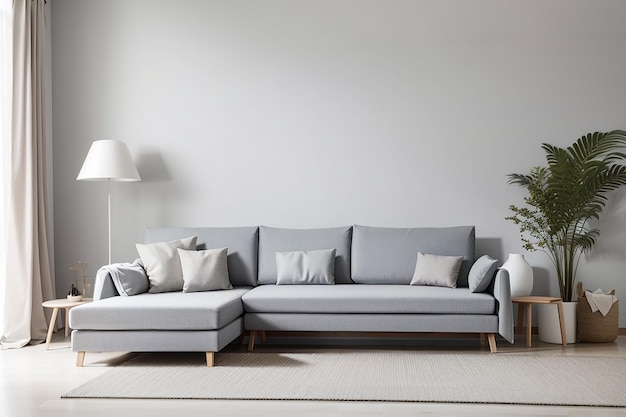 Sofa gris dans l'intérieur du salon blanc avec espace libre