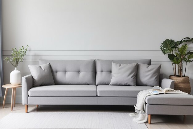 Sofa gris dans le salon blanc avec espace de copie