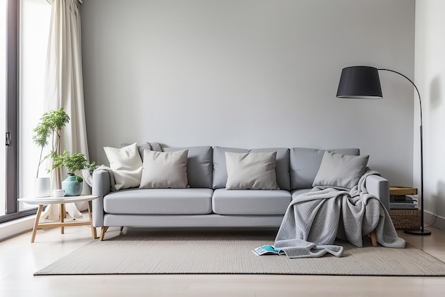 Sofa gris dans le salon blanc avec espace de copie