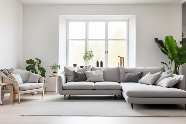 Sofa gris dans le salon blanc