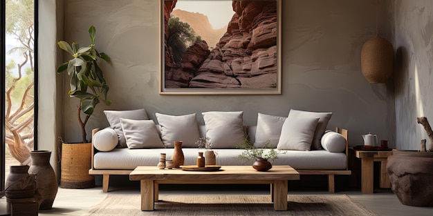 Sofa gris près du mur de stuc beige et grand cadre d'affiche sur celui-ci Boho design d'intérieur rustique du salon moderne