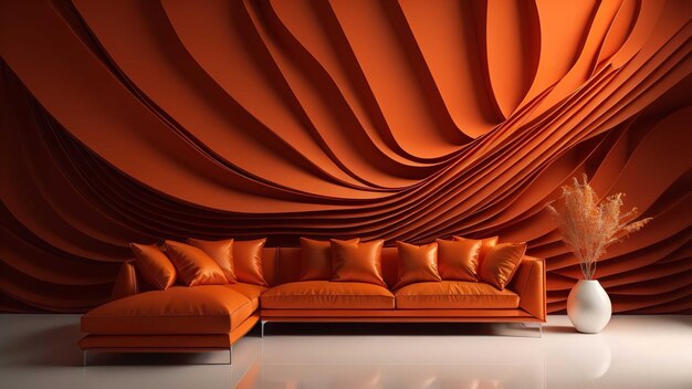 Sofa orange avec un vase et un rideau sur le mur génératif ai