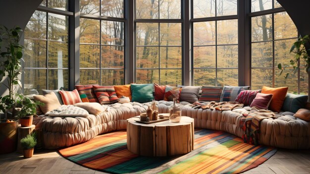 Sofa avec plaid sur un tapis rond contre une fenêtre boho