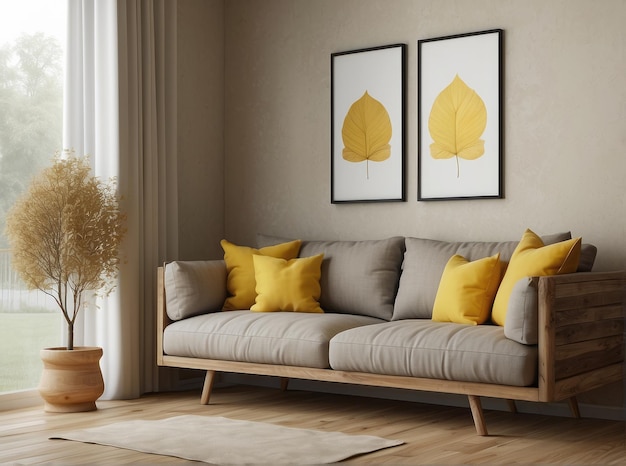 Sofa rustique avec des coussins jaunes à côté de la table d'accent contre le mur beige avec une maquette vide