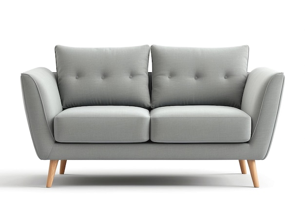Sofa en tissu gris sur des jambes en bois isolé sur fond blanc avec chemin de coupe