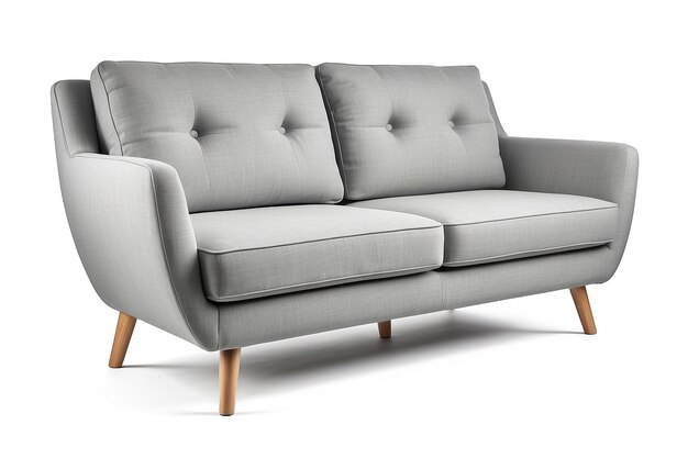 Sofa en tissu gris sur des jambes en bois isolé sur fond blanc avec chemin de coupe