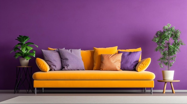 Sofa en tissu vibrant au coin près du mur violet
