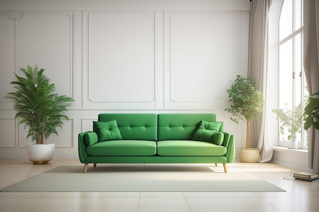 Sofa vert dans un salon blanc avec espace libre