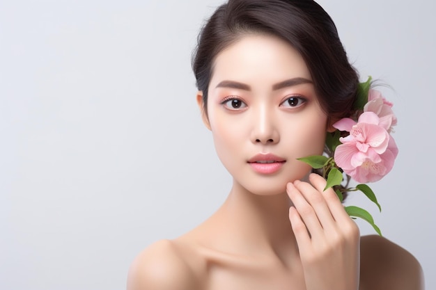 Soft focus belle femme asiatique a une peau parfaitement claire et fraîche avec du maquillage à fleurs sur son visage