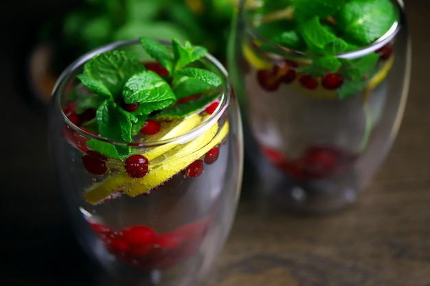 Soft focus Macro Detox boisson aux canneberges menthe et citron dans un verre sur fond sombre Boisson saine