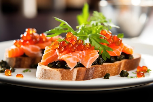 Softfocus sur le caviar noir brillant sur le dessus de quelques bruschetta