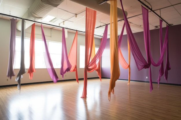 Photo des soies aériennes accrochées gracieusement dans un studio de danse