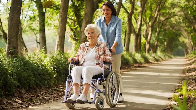 Une soignante pousse une femme âgée en fauteuil roulant